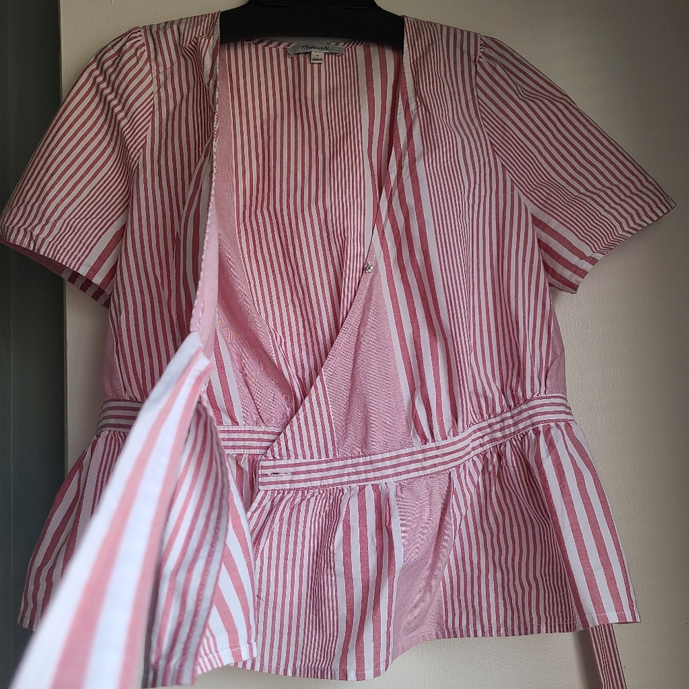 Madewell Cotton Read and White Strip Short Sleeve Wrap top Side Tie Size S - Picture 3 of 11